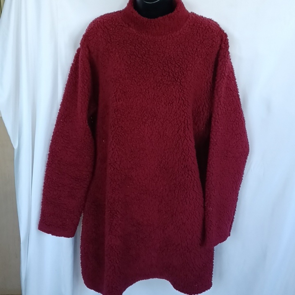 Boohoo Teddy Fleece midi dress, Burgundy, mock turtleneck, sz 8, super soft